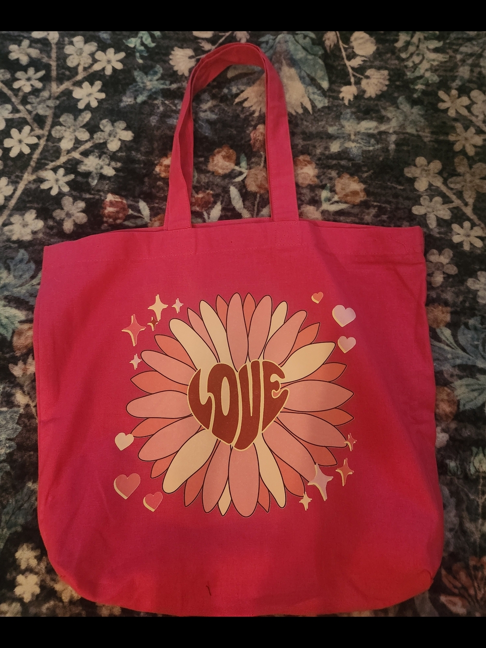 Pink 'Love' Floral Graphic Tote Bag - Unbranded